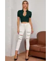 ieg™ Kadın Yeşil Yarım Fermuarlı ve Kısa Kollu Crop Top Bluz