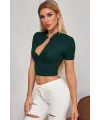 ieg™ Kadın Yeşil Yarım Fermuarlı ve Kısa Kollu Crop Top Bluz