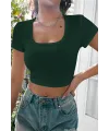 ieg™ Kadın Yeşil Yarım Kol Düz Yaka Crop Top Bluz