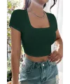 ieg™ Kadın Yeşil Yarım Kol Düz Yaka Crop Top Bluz