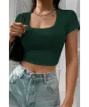 ieg™ Kadın Yeşil Yarım Kol Düz Yaka Crop Top Bluz