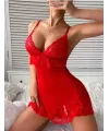 Kırmızı Dantel İşlemeli İnce Askılı Likralı Fantezi Tül Gecelik