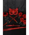 Kırmızı İçi Tüylü Maske,Kol,Bacak,Ağız Topu,Kırbaç,Tasma Harness Set