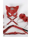 Kırmızı İçi Tüylü Maske,Kol,Bacak,Ağız Topu,Kırbaç,Tasma Harness Set