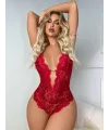 Metal Kalp Aksesuarlı Fantezi Dantelli Kırmızı Body