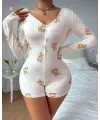 Pamuklu Beyaz Ayıcık Desenli Düğmeli Uzun Kol Tulum Pijama