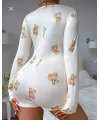 Pamuklu Beyaz Ayıcık Desenli Düğmeli Uzun Kol Tulum Pijama