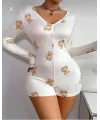 Pamuklu Beyaz Ayıcık Desenli Düğmeli Uzun Kol Tulum Pijama