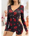 Pamuklu Kırmızı Ruj ve Öpücük Desenli Düğmeli Uzun Kol Tulum Pijama