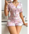 Pamuklu Pembe Kuzu Desenli Düğmeli Uzun Kol Tulum Pijama