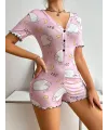 Pamuklu Pembe Kuzu Desenli Düğmeli Uzun Kol Tulum Pijama
