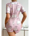 Pamuklu Pembe Kuzu Desenli Düğmeli Uzun Kol Tulum Pijama
