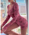 Pamuklu Pembe Siyah Kalp Desenli Düğmeli Uzun Kol Tulum Pijama