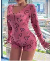 Pamuklu Pembe Siyah Kalp Desenli Düğmeli Uzun Kol Tulum Pijama