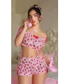 Pembe Çilek Desenli Şortlu Fantezi Sütyen Takımı