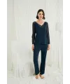 Sırt Dekolteli Uzun Kollu Tüllü ve Dantelli Pijama Takımı