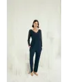 Sırt Dekolteli Uzun Kollu Tüllü ve Dantelli Pijama Takımı
