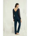 Sırt Dekolteli Uzun Kollu Tüllü ve Dantelli Pijama Takımı