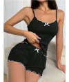Siyah Beyaz Kurdelalı Askılı Şortlu Pijama Takımı