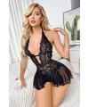 Siyah Dantel İşlemeli Özel Bölgesi Açık Fantezi Bodysuit