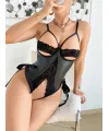 Siyah Dantel İşlemeli Özel Bölgesi Açık Fantezi Deri Body