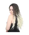 Su Dalgası Uzun Perçemsiz Fiber Sentetik Peruk - Küllü Siyah / Platin Ombreli