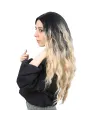 Su Dalgası Uzun Perçemsiz Fiber Sentetik Peruk - Siyah / Balköpüğü Ombreli