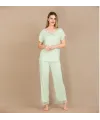 Viskon Şık Tasarım Dantel İşlemeli Açık Yeşil Kısa Kol Pijama Takımı