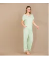Viskon Şık Tasarım Dantel İşlemeli Açık Yeşil Kısa Kol Pijama Takımı