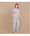 Viskon Şık Tasarım Dantel İşlemeli Gri Kısa Kol Pijama Takımı