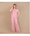 Viskon Şık Tasarım Dantel İşlemeli Pembe Kısa Kol Pijama Takımı