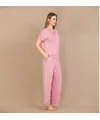 Viskon Şık Tasarım Dantel İşlemeli Pembe Kısa Kol Pijama Takımı