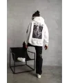 BErkek 3 İplik Pamuklu Kapüşonlu Baskılı Cepli Oversize Sweatshirt Hoodie - eyaz