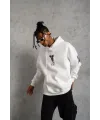 BErkek 3 İplik Pamuklu Kapüşonlu Baskılı Cepli Oversize Sweatshirt Hoodie - eyaz