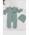 iegiyim™ Boydan Düğmeli Şapkalı % 100 Pamuk Kız Bebek Tulumu