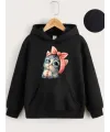 Çocuk Unisex Kapüşonlu Tatlı Kedi Baskılı Sweatshirt - Siyah