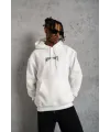 Erkek 3 İplik Pamuklu Baskılı Kapüşonlu Cepli Sweatshirt Hoodie - Beyaz