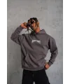 Erkek 3 İplik Pamuklu Baskılı Kapüşonlu Cepli Sweatshirt Hoodie - Füme