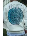 Erkek 3 İplik Pamuklu Bisiklet Yaka Baskılı SweatShirt - Beyaz