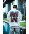 Erkek 3 iplik pamuklu Bisiklet Yaka Ön ve Arka Baskılı SweatShirt - Beyaz