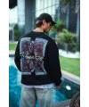 Erkek 3 iplik pamuklu Bisiklet Yaka Ön ve Arka Baskılı SweatShirt - Siyah