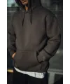 Erkek 3 İplik Pamuklu Kapüşonlu Basic SweatShirt Hoodie - Füme
