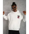 Erkek 3 İplik Pamuklu Kapüşonlu Baskılı Cepli Oversize Sweatshirt Hoodie - Beyaz