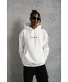Erkek 3 İplik Pamuklu Kapüşonlu Baskılı Cepli Oversize Sweatshirt Hoodie - Beyaz