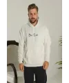 Erkek 3 İplik Pamuklu Kapüşonlu Baskılı Cepli Oversize Sweatshirt Hoodie - Beyaz