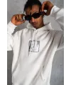 Erkek 3 İplik Pamuklu Kapüşonlu Baskılı Cepli Oversize Sweatshirt Hoodie - Beyaz