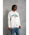 Erkek 3 İplik Pamuklu Kapüşonlu Baskılı Cepli Oversize Sweatshirt Hoodie - Beyaz