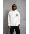 Erkek 3 İplik Pamuklu Kapüşonlu Baskılı Cepli Oversize Sweatshirt Hoodie - Beyaz