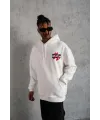 Erkek 3 İplik Pamuklu Kapüşonlu Baskılı Cepli Oversize Sweatshirt Hoodie - Beyaz
