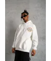 Erkek 3 İplik Pamuklu Kapüşonlu Baskılı Cepli Oversize Sweatshirt Hoodie - Beyaz